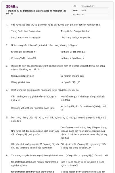 Tổng hợp 20 đề thi thử môn Địa Lý có đáp án mới nhất (đề số 10)