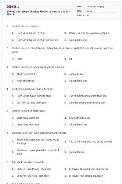 210 câu trắc nghiệm tổng hợp Hành vi tổ chức có đáp án - Phần 1