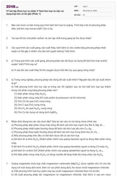 97 bài tập Khoa học tự nhiên 9 Tách kim loại và việc sử dụng hợp kim có lời giải (Phần 1)