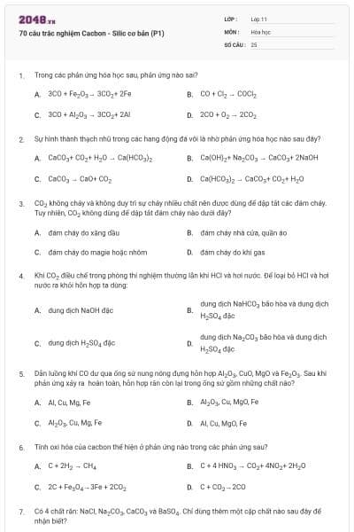 70 câu trắc nghiệm Cacbon - Silic cơ bản (P1)
