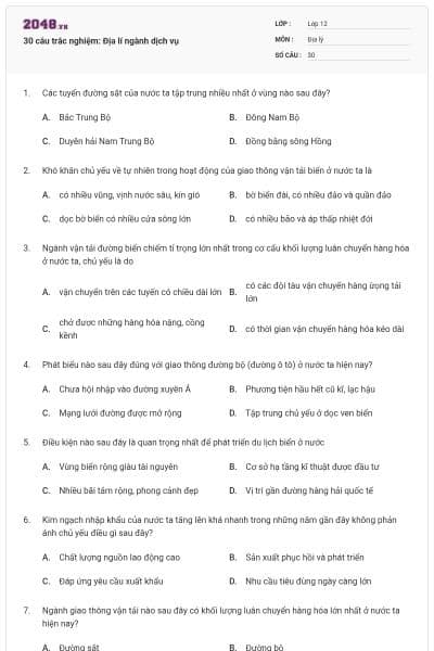 30 câu trắc nghiệm: Địa lí ngành dịch vụ