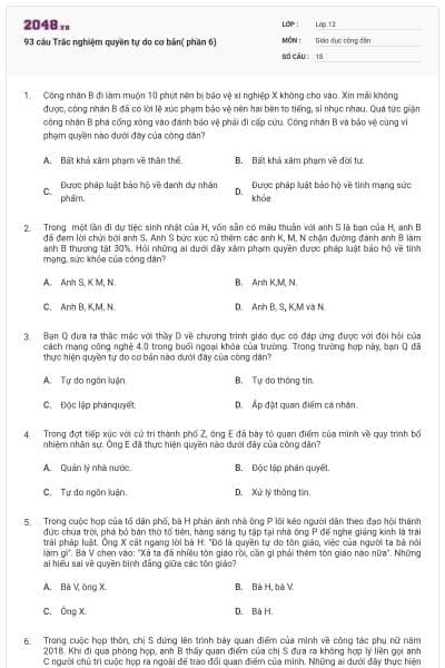 93 câu Trắc nghiệm quyền tự do cơ bản( phần 6)