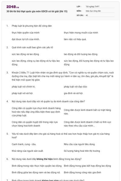 30 Đề thi thử thpt quốc gia môn GDCD có lời giải (Đề 15)