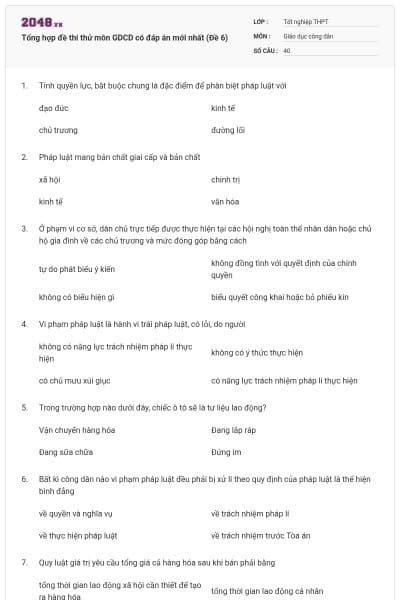Tổng hợp đề thi thử môn GDCD có đáp án mới nhất (Đề 6)