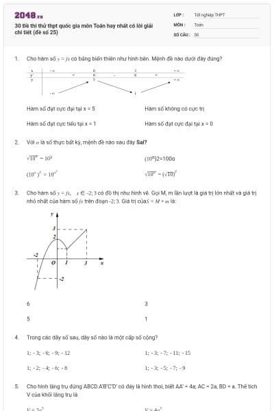 30 Đề thi thử thpt quốc gia môn Toán hay nhất có lời giải chi tiết (đề số 25)