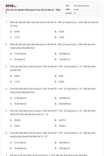 325 câu trắc nghiệm tổng hợp Cơ học đất có đáp án - Phần 5