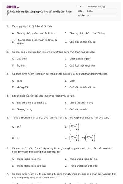 325 câu trắc nghiệm tổng hợp Cơ học đất có đáp án - Phần 11
