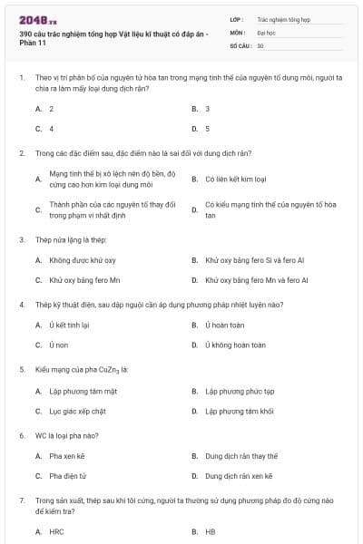 390 câu trắc nghiệm tổng hợp Vật liệu kĩ thuật có đáp án - Phần 11