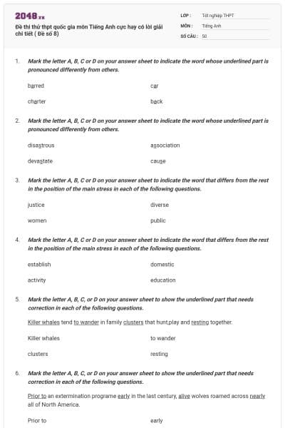 Đề thi thử thpt quốc gia môn Tiếng Anh cực hay có lời giải chi tiết ( Đề số 8)