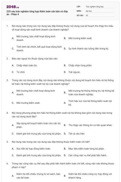 225 câu trắc nghiệm tổng hợp Kiểm toán căn bản có đáp án - Phần 4