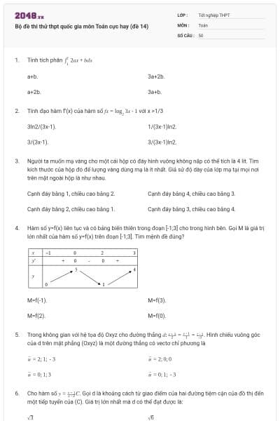 Bộ đề thi thử thpt quốc gia môn Toán cực hay (đề 14)