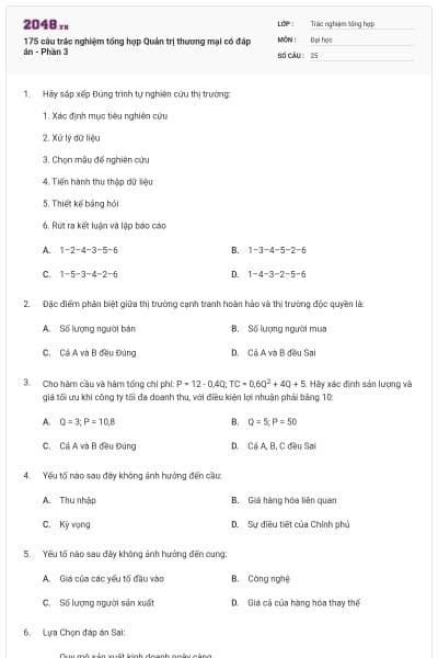 175 câu trắc nghiệm tổng hợp Quản trị thương mại có đáp án - Phần 3
