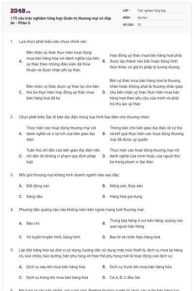 175 câu trắc nghiệm tổng hợp Quản trị thương mại có đáp án - Phần 6