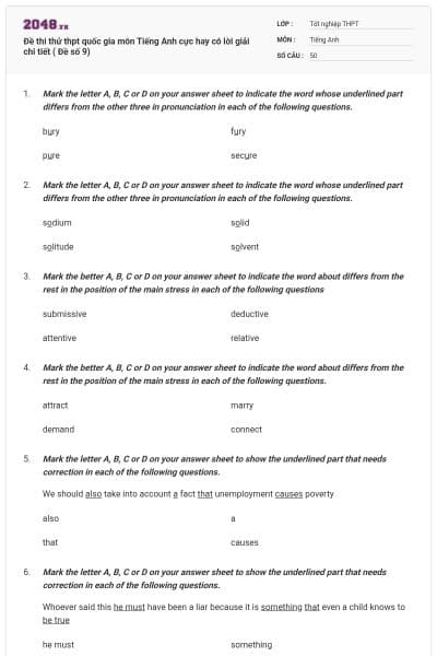 Đề thi thử thpt quốc gia môn Tiếng Anh cực hay có lời giải chi tiết ( Đề số 9)