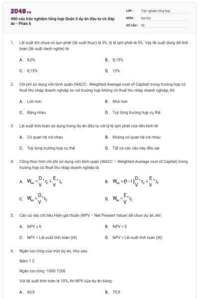 480 câu trắc nghiệm tổng hợp Quản lí dự án đầu tư có đáp án - Phần 6
