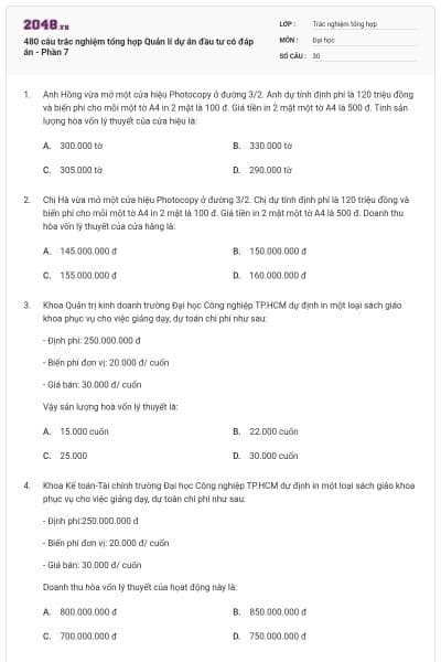 480 câu trắc nghiệm tổng hợp Quản lí dự án đầu tư có đáp án - Phần 7