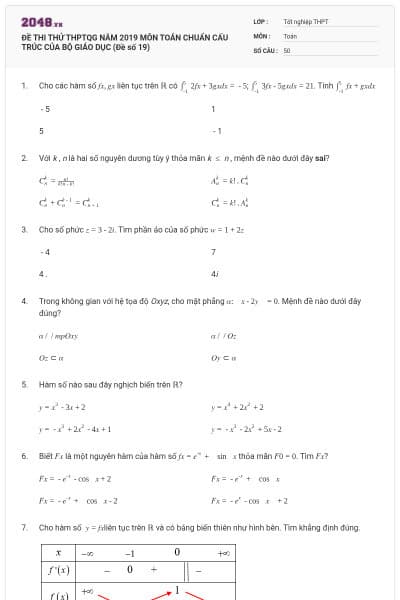 ĐỀ THI THỬ THPTQG NĂM 2019 MÔN TOÁN CHUẨN CẤU TRÚC CỦA BỘ GIÁO DỤC (Đề số 19)