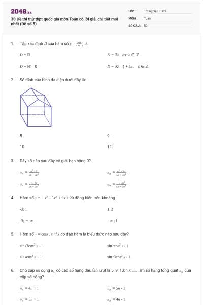 30 Đề thi thử thpt quốc gia môn Toán có lời giải chi tiết mới nhất (Đề số 5)
