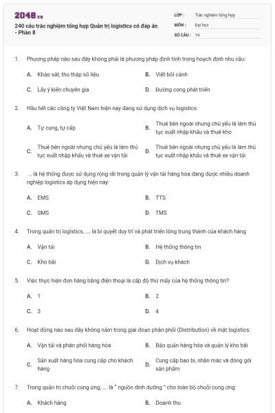 240 câu trắc nghiệm tổng hợp Quản trị logistics có đáp án - Phần 8
