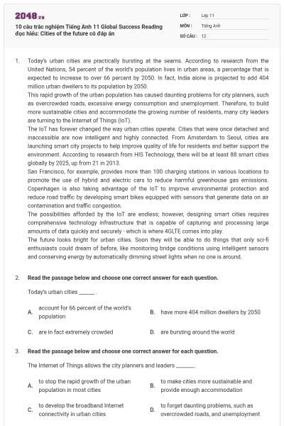 10 câu trắc nghiệm Tiếng Anh 11 Global Success Reading đọc hiểu: Cities of the future có đáp án