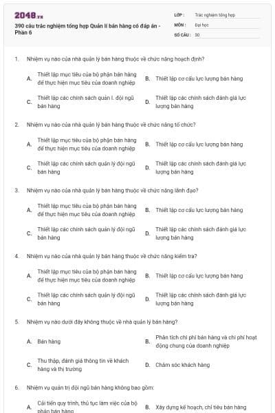 390 câu trắc nghiệm tổng hợp Quản lí bán hàng có đáp án - Phần 6