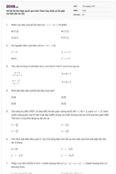 30 Đề thi thử thpt quốc gia môn Toán hay nhất có lời giải chi tiết (đề số 26)