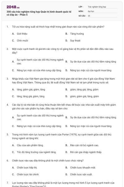 300 câu trắc nghiệm tổng hợp Quản trị kinh doanh quốc tế có đáp án - Phần 5