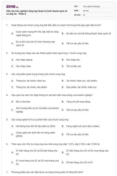300 câu trắc nghiệm tổng hợp Quản trị kinh doanh quốc tế có đáp án - Phần 6