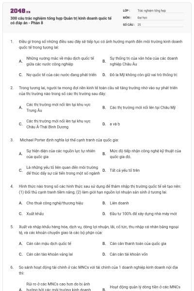 300 câu trắc nghiệm tổng hợp Quản trị kinh doanh quốc tế có đáp án - Phần 8
