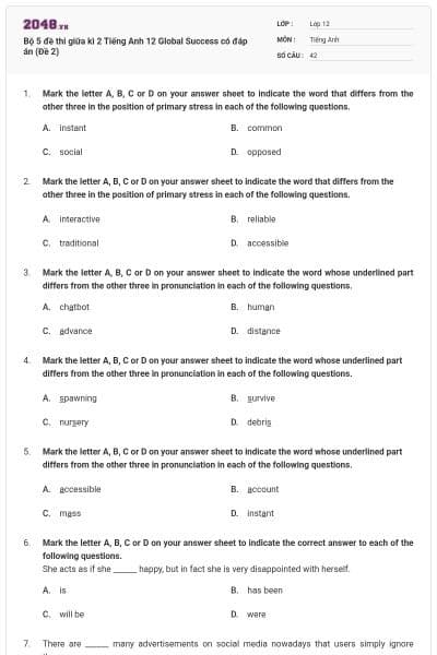 Bộ 5 đề thi giữa kì 2 Tiếng Anh 12 Global Success có đáp án (Đề 2)