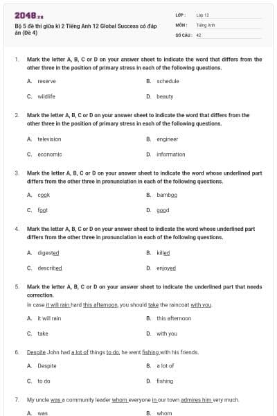 Bộ 5 đề thi giữa kì 2 Tiếng Anh 12 Global Success có đáp án (Đề 4)