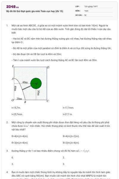 Bộ đề thi thử thpt quốc gia môn Toán cực hay (đề 15)