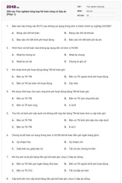 300 câu Trắc nghiệm tổng hợp Kế toán công có đáp án (Phần 1)