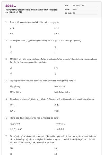 30 Đề thi thử thpt quốc gia môn Toán hay nhất có lời giải chi tiết (đề số 27)