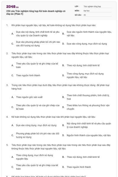 250 câu Trắc nghiệm tổng hợp Kế toán doanh nghiệp có đáp án (Phần 9)