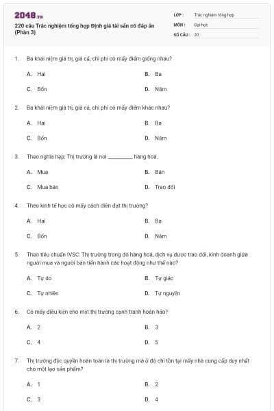 220 câu Trắc nghiệm tổng hợp Định giá tài sản có đáp án (Phần 3)