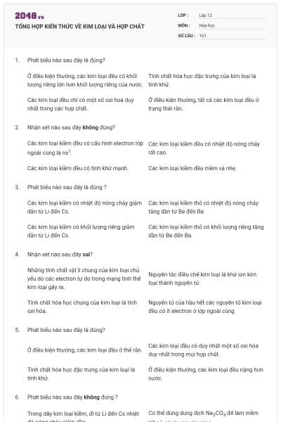 TỔNG HỢP KIẾN THỨC VỀ KIM LOẠI VÀ HỢP CHẤT