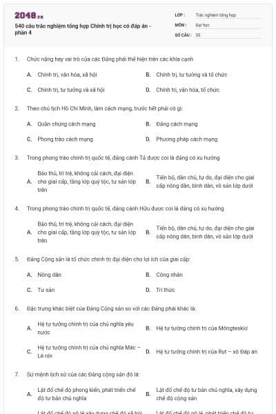540 câu trắc nghiệm tổng hợp Chính trị học có đáp án - phần 4
