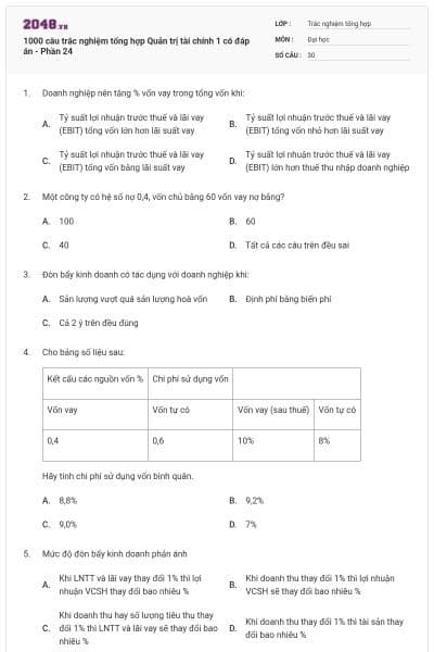 1000 câu trắc nghiệm tổng hợp Quản trị tài chính 1 có đáp án - Phần 24