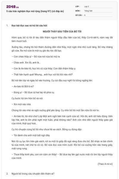 5 câu trắc nghiệm Đọc mở rộng (trang 97) (có đáp án)