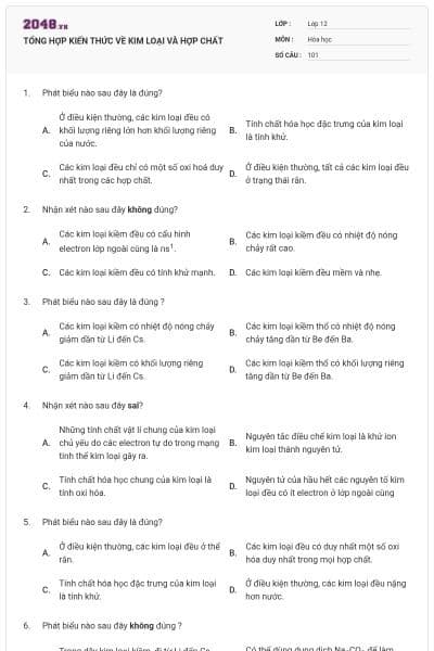 TỔNG HỢP KIẾN THỨC VỀ KIM LOẠI VÀ HỢP CHẤT