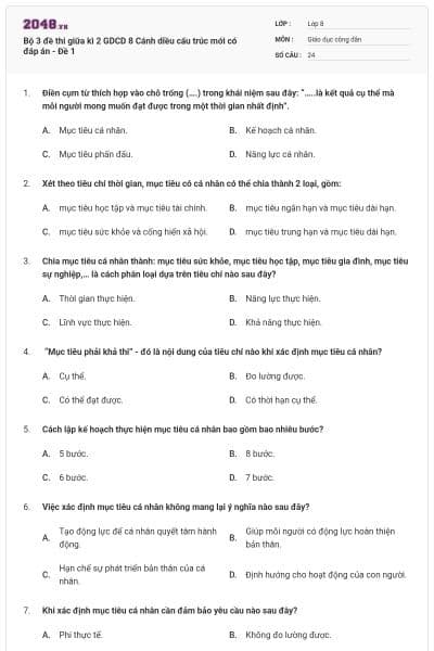 Bộ 3 đề thi giữa kì 2 GDCD 8 Cánh diều cấu trúc mới có đáp án - Đề 1