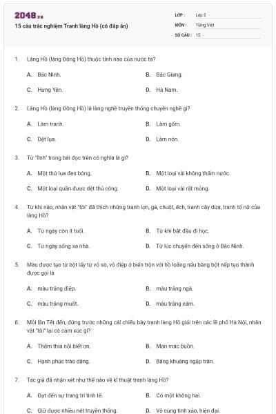 15 câu trắc nghiệm Tranh làng Hồ (có đáp án)