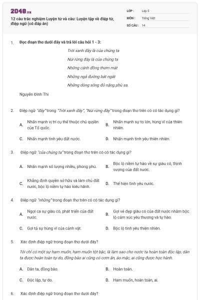12 câu trắc nghiệm Luyện từ và câu: Luyện tập về điệp từ, điệp ngữ (có đáp án)