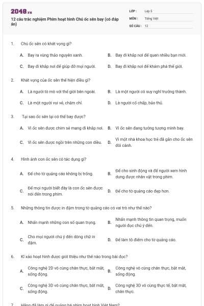 12 câu trắc nghiệm Phim hoạt hình Chú ốc sên bay (có đáp án)