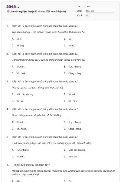 12 câu trắc nghiệm Luyện từ và câu: Kết từ (có đáp án)