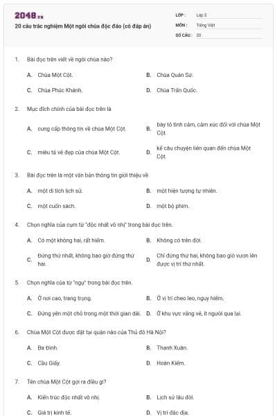 20 câu trắc nghiệm Một ngôi chùa độc đáo (có đáp án)