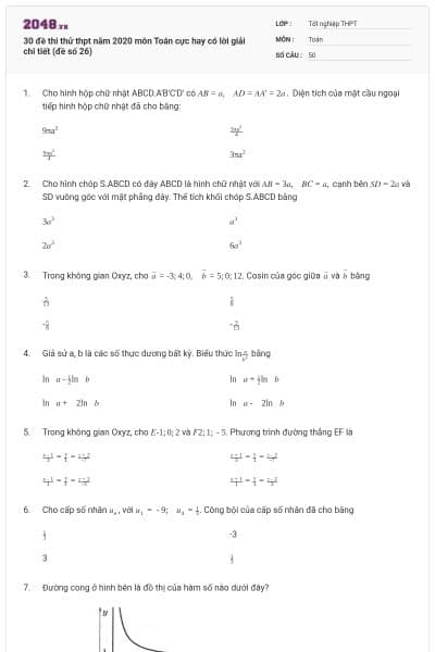 30 đề thi thử thpt năm 2020 môn Toán cực hay có lời giải chi tiết (đề số 26)