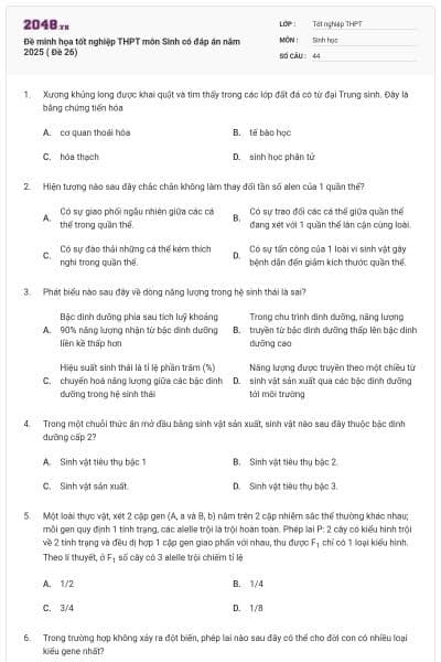 Đề minh họa tốt nghiệp THPT môn Sinh có đáp án năm 2025 ( Đề 26)