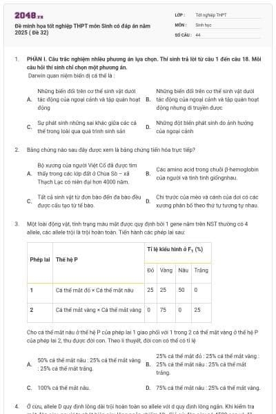 Đề minh họa tốt nghiệp THPT môn Sinh có đáp án năm 2025 ( Đề 32)